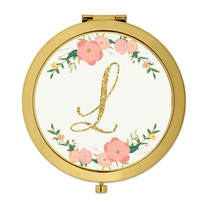 Andaz Press Peach Pink Florals with Faux Gold Glitter Monogram Gold Compact Mirror-Set of 1-Andaz Press-L-