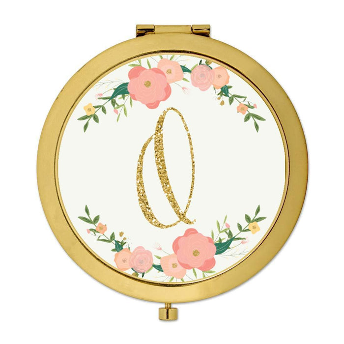 Andaz Press Peach Pink Florals with Faux Gold Glitter Monogram Gold Compact Mirror-Set of 1-Andaz Press-O-