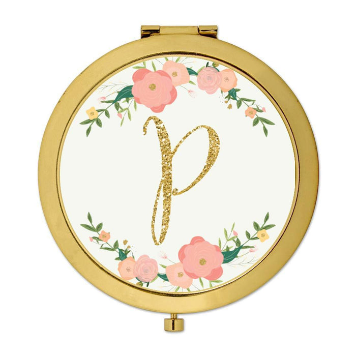 Andaz Press Peach Pink Florals with Faux Gold Glitter Monogram Gold Compact Mirror-Set of 1-Andaz Press-P-