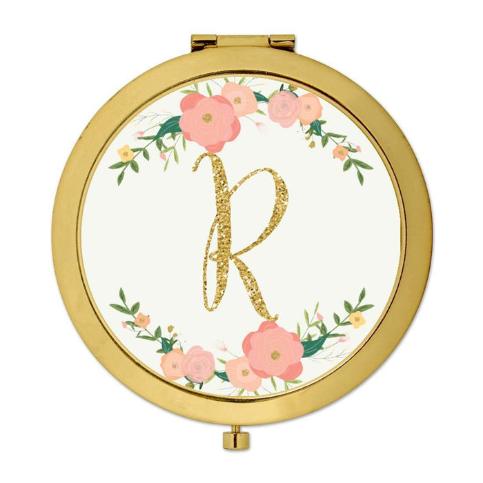 Andaz Press Peach Pink Florals with Faux Gold Glitter Monogram Gold Compact Mirror-Set of 1-Andaz Press-R-