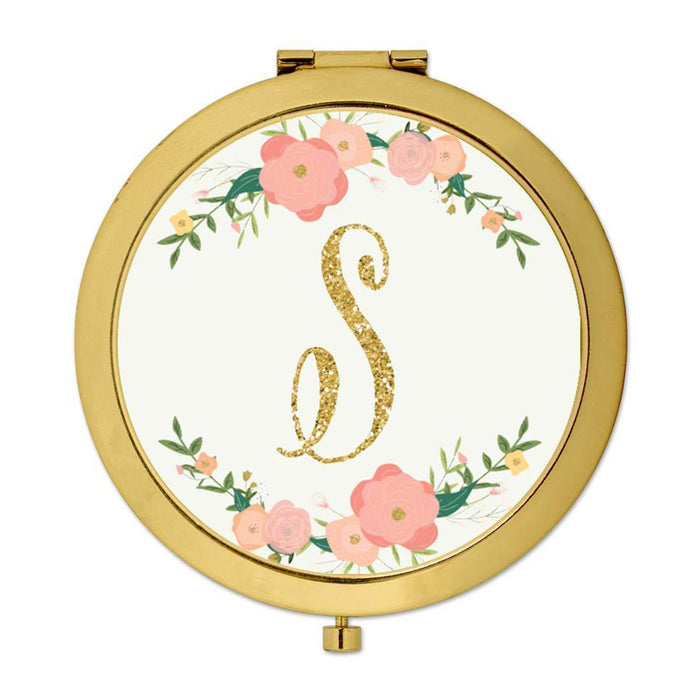 Andaz Press Peach Pink Florals with Faux Gold Glitter Monogram Gold Compact Mirror-Set of 1-Andaz Press-S-