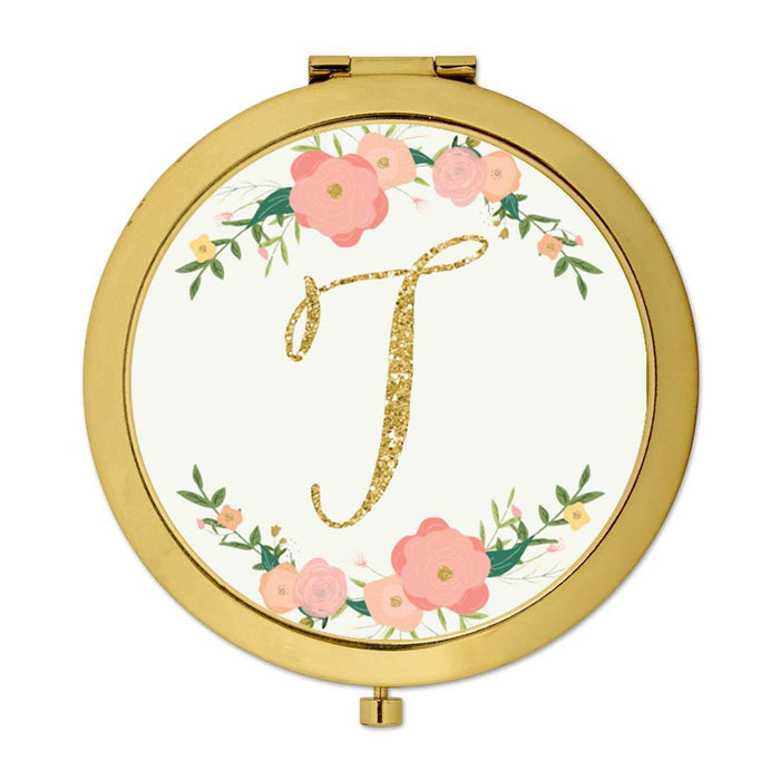 Andaz Press Peach Pink Florals with Faux Gold Glitter Monogram Gold Compact Mirror-Set of 1-Andaz Press-T-