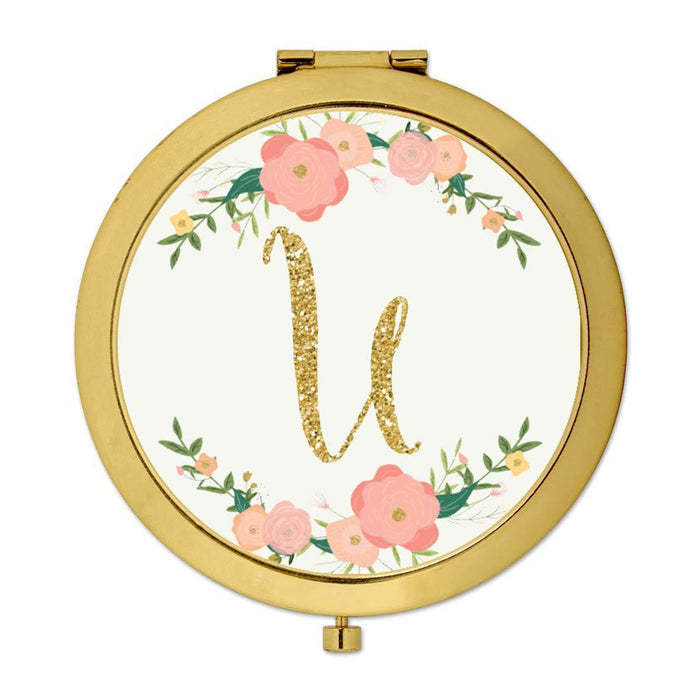 Andaz Press Peach Pink Florals with Faux Gold Glitter Monogram Gold Compact Mirror-Set of 1-Andaz Press-U-