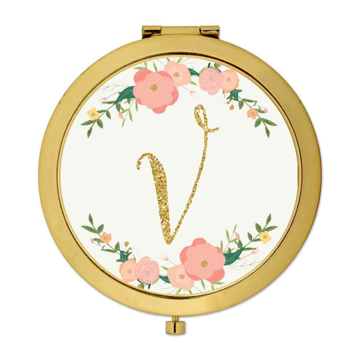 Andaz Press Peach Pink Florals with Faux Gold Glitter Monogram Gold Compact Mirror-Set of 1-Andaz Press-V-