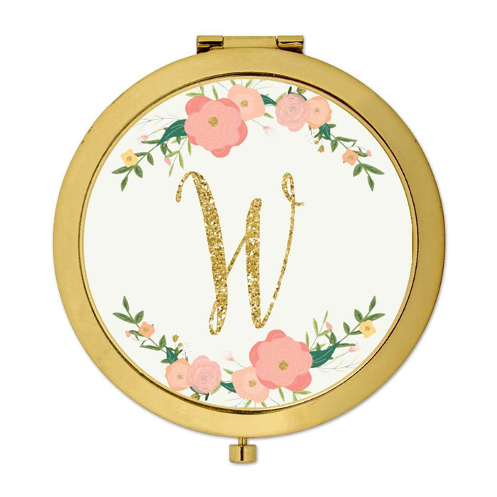 Andaz Press Peach Pink Florals with Faux Gold Glitter Monogram Gold Compact Mirror-Set of 1-Andaz Press-W-