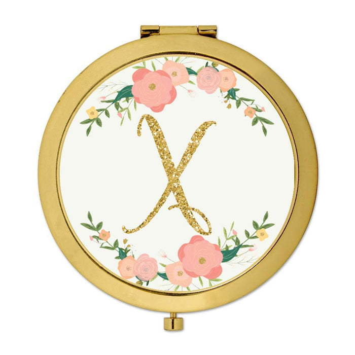 Andaz Press Peach Pink Florals with Faux Gold Glitter Monogram Gold Compact Mirror-Set of 1-Andaz Press-X-