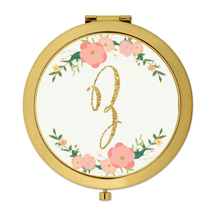 Andaz Press Peach Pink Florals with Faux Gold Glitter Monogram Gold Compact Mirror-Set of 1-Andaz Press-Z-