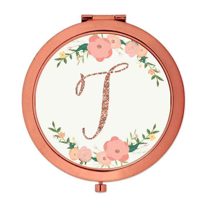 Andaz Press Peach Pink Florals with Faux Rose Gold Glitter Monogram Rose Gold Compact Mirror-Set of 1-Andaz Press-A-