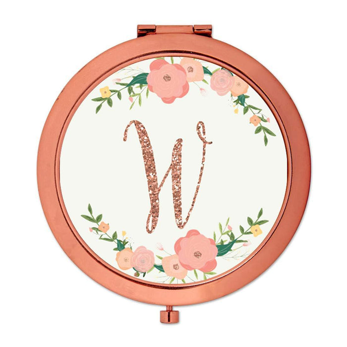 Andaz Press Peach Pink Florals with Faux Rose Gold Glitter Monogram Rose Gold Compact Mirror-Set of 1-Andaz Press-A-