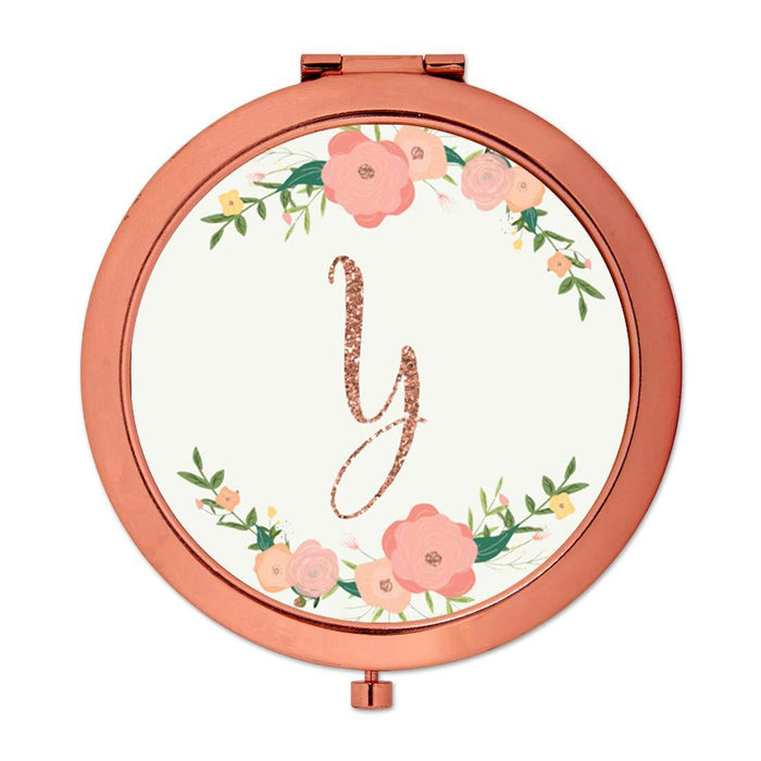Andaz Press Peach Pink Florals with Faux Rose Gold Glitter Monogram Rose Gold Compact Mirror-Set of 1-Andaz Press-A-