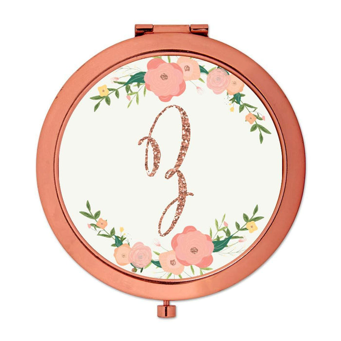 Andaz Press Peach Pink Florals with Faux Rose Gold Glitter Monogram Rose Gold Compact Mirror-Set of 1-Andaz Press-A-