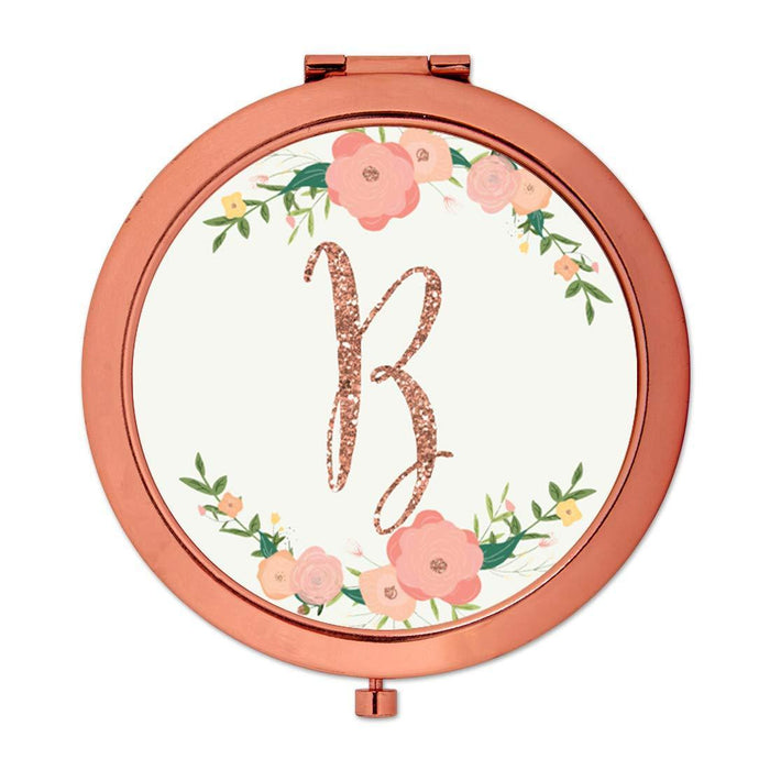 Andaz Press Peach Pink Florals with Faux Rose Gold Glitter Monogram Rose Gold Compact Mirror-Set of 1-Andaz Press-A-