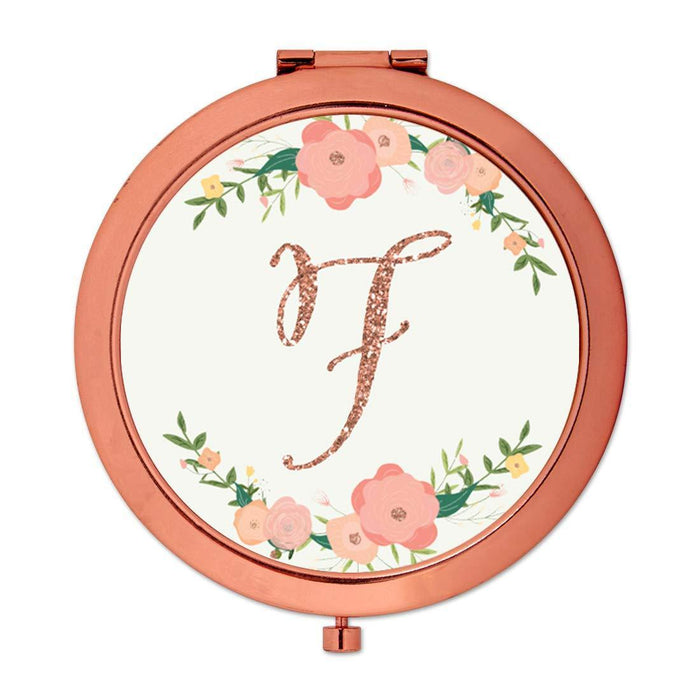 Andaz Press Peach Pink Florals with Faux Rose Gold Glitter Monogram Rose Gold Compact Mirror-Set of 1-Andaz Press-A-
