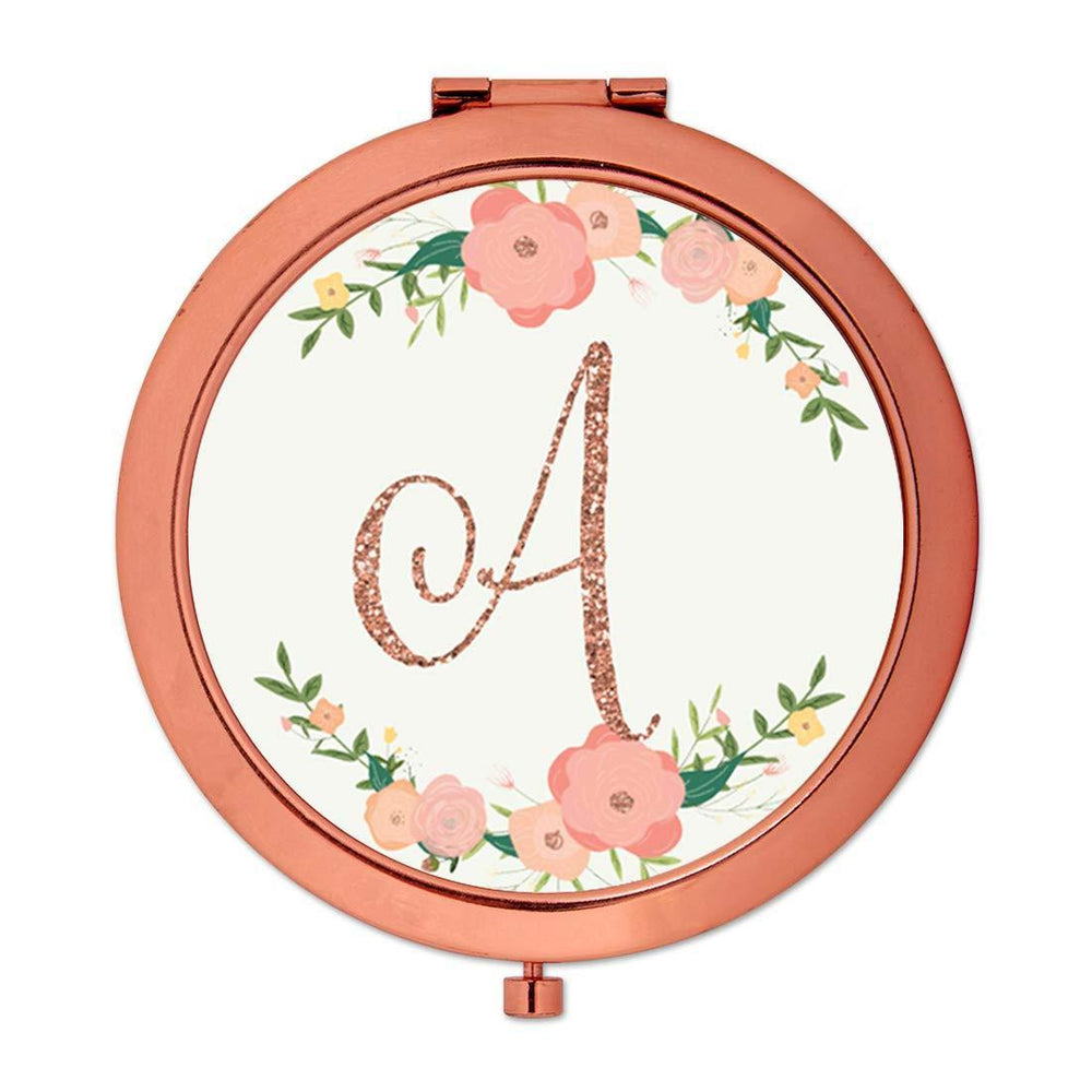 Andaz Press Peach Pink Florals with Faux Rose Gold Glitter Monogram Rose Gold Compact Mirror-Set of 1-Andaz Press-A-