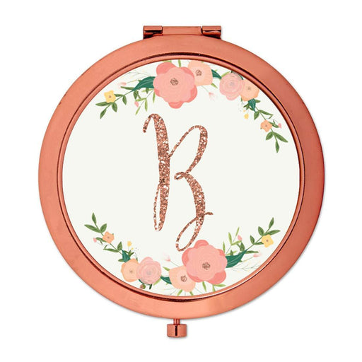 Andaz Press Peach Pink Florals with Faux Rose Gold Glitter Monogram Rose Gold Compact Mirror-Set of 1-Andaz Press-B-