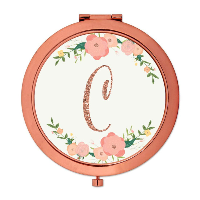 Andaz Press Peach Pink Florals with Faux Rose Gold Glitter Monogram Rose Gold Compact Mirror-Set of 1-Andaz Press-C-
