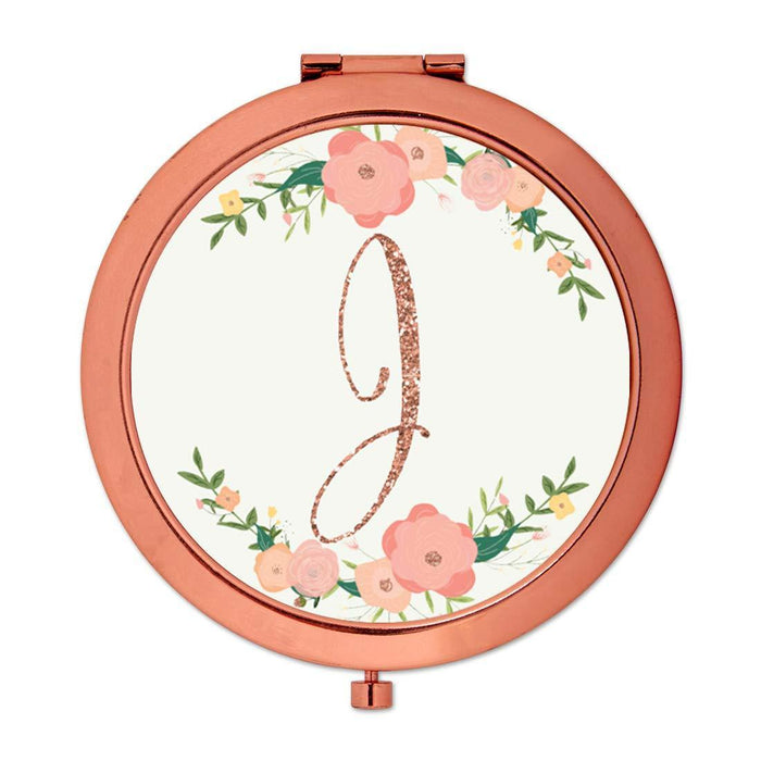 Andaz Press Peach Pink Florals with Faux Rose Gold Glitter Monogram Rose Gold Compact Mirror-Set of 1-Andaz Press-J-