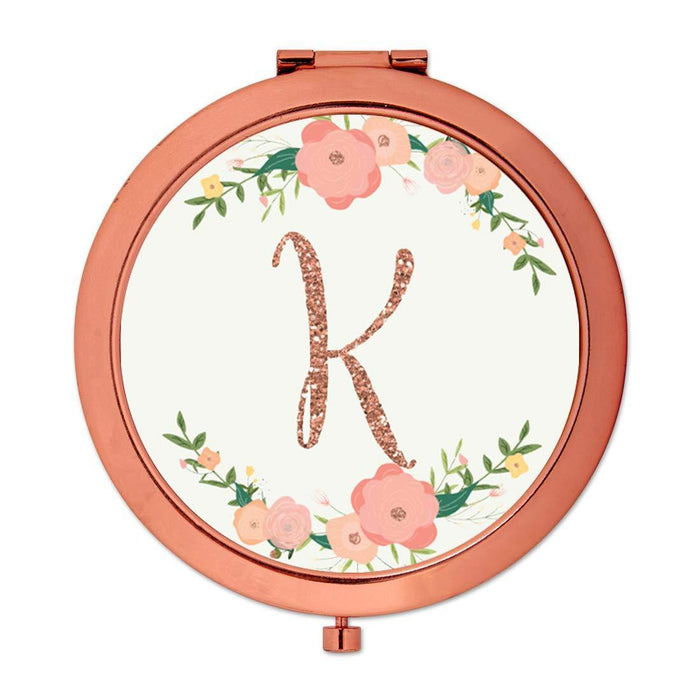 Andaz Press Peach Pink Florals with Faux Rose Gold Glitter Monogram Rose Gold Compact Mirror-Set of 1-Andaz Press-K-