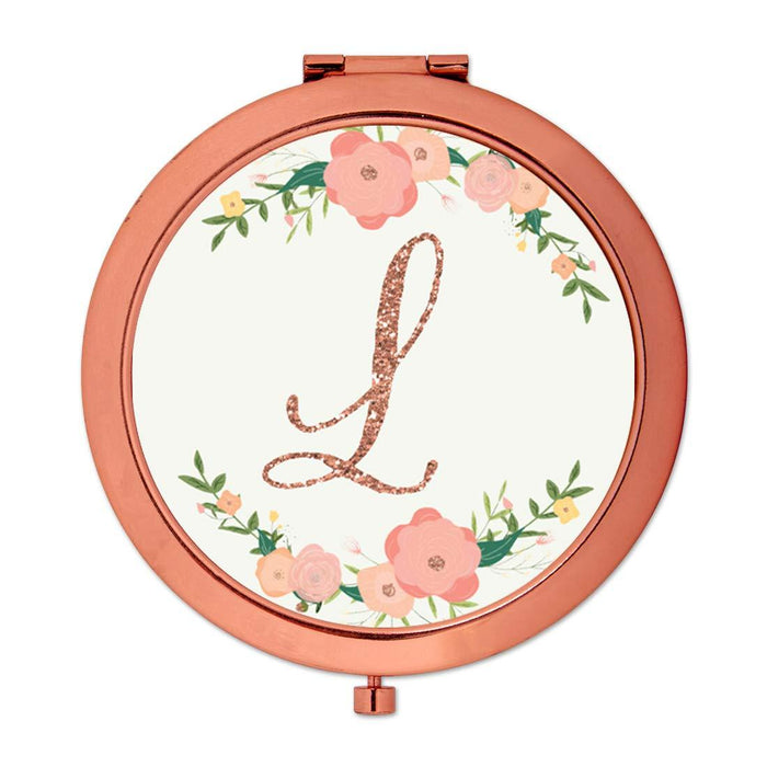 Andaz Press Peach Pink Florals with Faux Rose Gold Glitter Monogram Rose Gold Compact Mirror-Set of 1-Andaz Press-L-