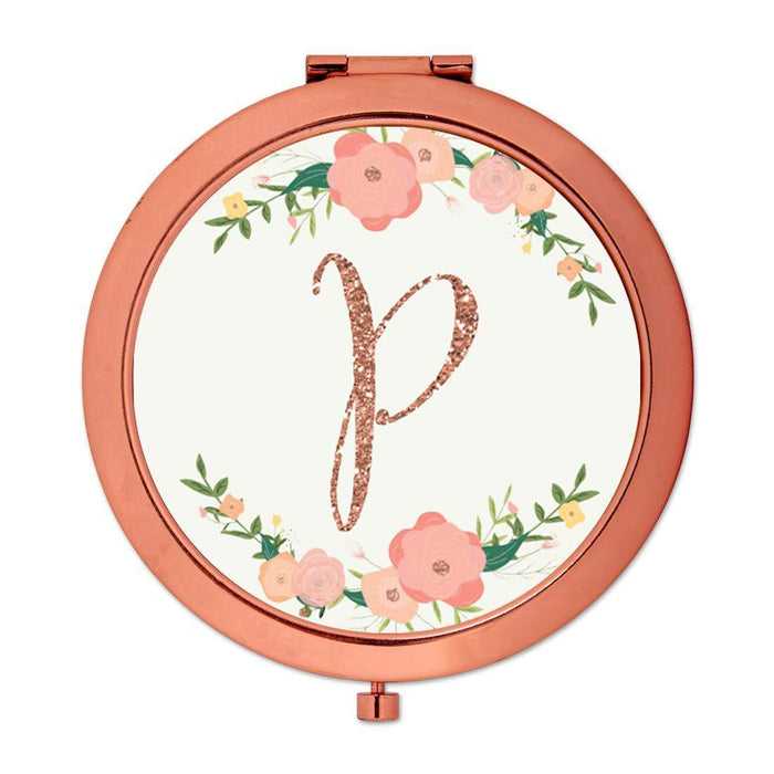 Andaz Press Peach Pink Florals with Faux Rose Gold Glitter Monogram Rose Gold Compact Mirror-Set of 1-Andaz Press-P-