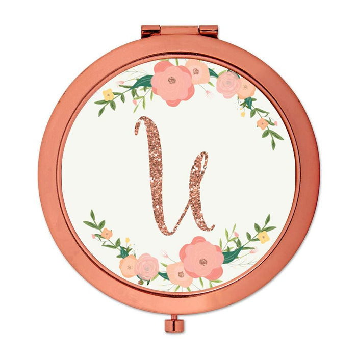 Andaz Press Peach Pink Florals with Faux Rose Gold Glitter Monogram Rose Gold Compact Mirror-Set of 1-Andaz Press-U-