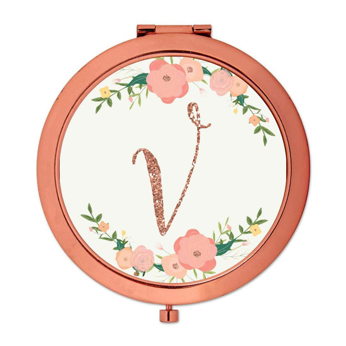 Andaz Press Peach Pink Florals with Faux Rose Gold Glitter Monogram Rose Gold Compact Mirror-Set of 1-Andaz Press-V-