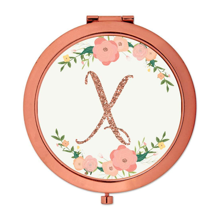 Andaz Press Peach Pink Florals with Faux Rose Gold Glitter Monogram Rose Gold Compact Mirror-Set of 1-Andaz Press-X-