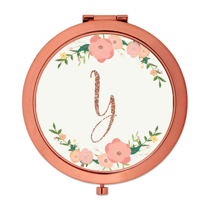 Andaz Press Peach Pink Florals with Faux Rose Gold Glitter Monogram Rose Gold Compact Mirror-Set of 1-Andaz Press-Y-