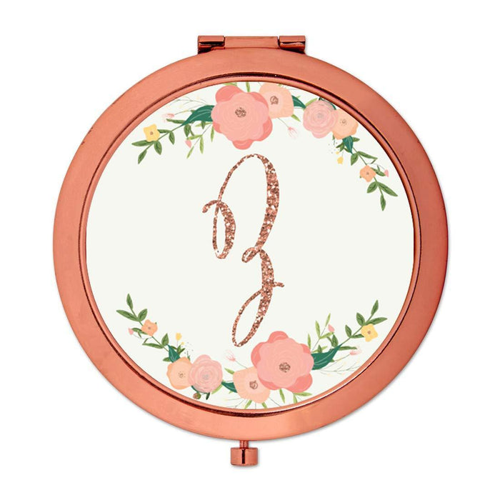 Andaz Press Peach Pink Florals with Faux Rose Gold Glitter Monogram Rose Gold Compact Mirror-Set of 1-Andaz Press-Z-