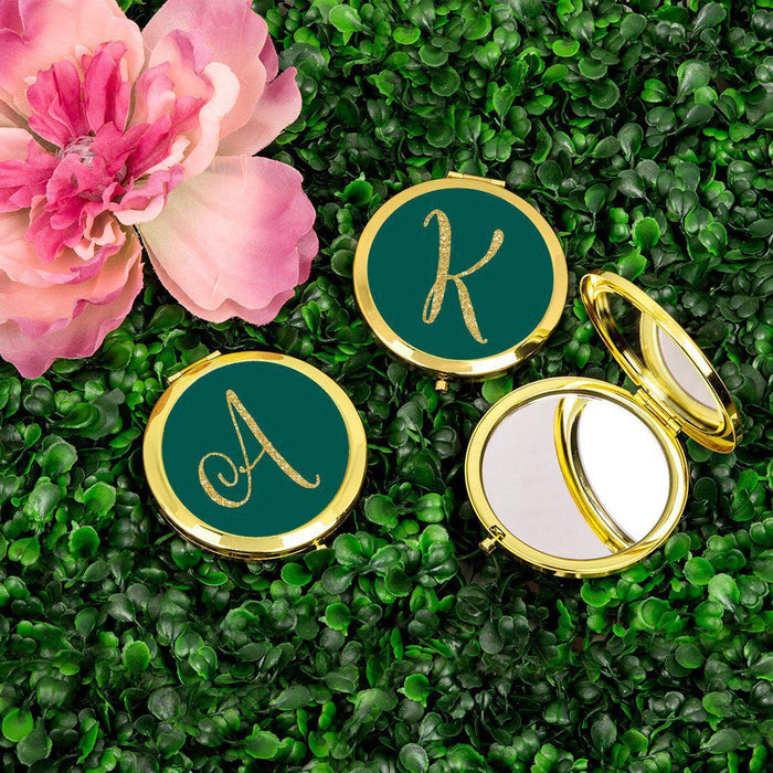 Andaz Press Peacock Blue Jewel Tone with Faux Gold Glitter Monogram Gold 2.75 inch Round Compact Mirror-Set of 1-Andaz Press-A-