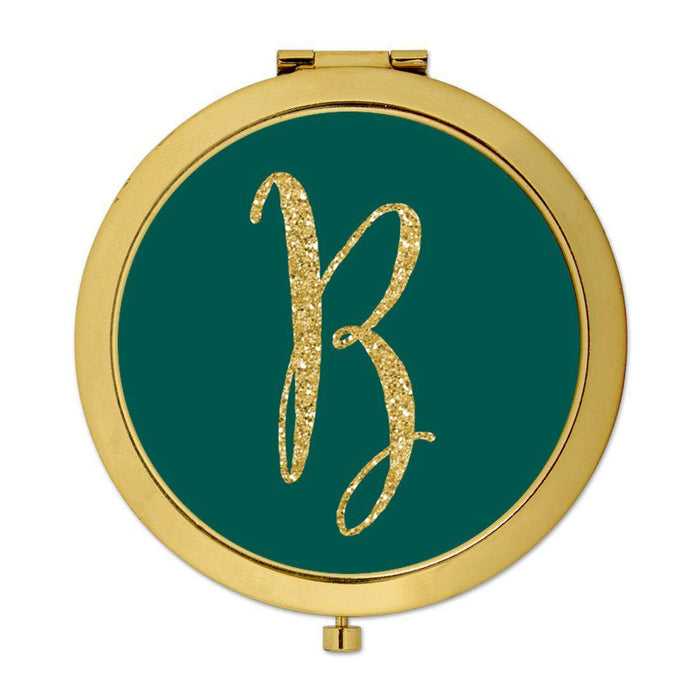 Andaz Press Peacock Blue Jewel Tone with Faux Gold Glitter Monogram Gold 2.75 inch Round Compact Mirror-Set of 1-Andaz Press-B-