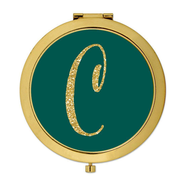 Andaz Press Peacock Blue Jewel Tone with Faux Gold Glitter Monogram Gold 2.75 inch Round Compact Mirror-Set of 1-Andaz Press-C-
