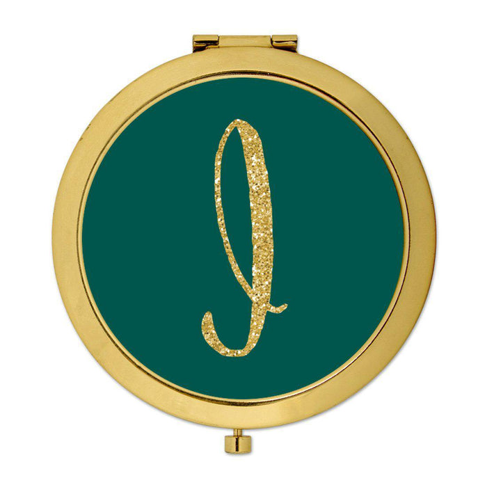 Andaz Press Peacock Blue Jewel Tone with Faux Gold Glitter Monogram Gold 2.75 inch Round Compact Mirror-Set of 1-Andaz Press-I-