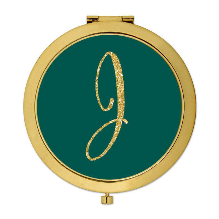 Andaz Press Peacock Blue Jewel Tone with Faux Gold Glitter Monogram Gold 2.75 inch Round Compact Mirror-Set of 1-Andaz Press-J-