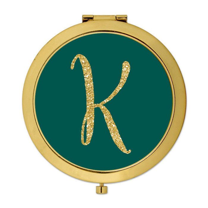 Andaz Press Peacock Blue Jewel Tone with Faux Gold Glitter Monogram Gold 2.75 inch Round Compact Mirror-Set of 1-Andaz Press-K-