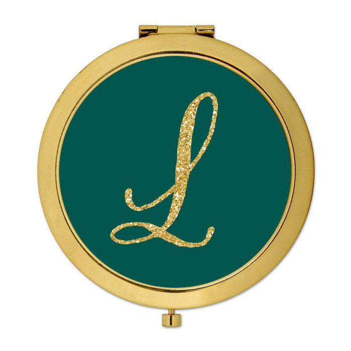 Andaz Press Peacock Blue Jewel Tone with Faux Gold Glitter Monogram Gold 2.75 inch Round Compact Mirror-Set of 1-Andaz Press-L-
