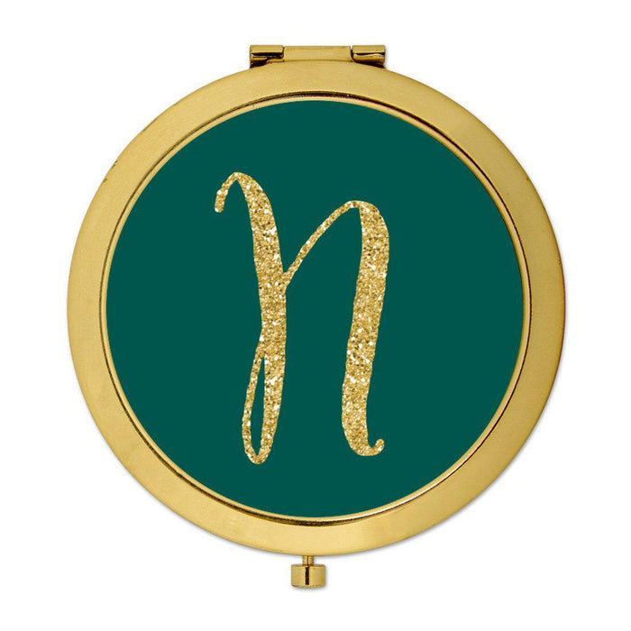 Andaz Press Peacock Blue Jewel Tone with Faux Gold Glitter Monogram Gold 2.75 inch Round Compact Mirror-Set of 1-Andaz Press-N-