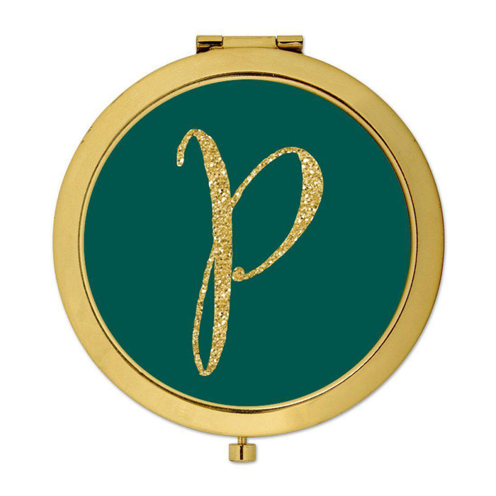 Andaz Press Peacock Blue Jewel Tone with Faux Gold Glitter Monogram Gold 2.75 inch Round Compact Mirror-Set of 1-Andaz Press-P-