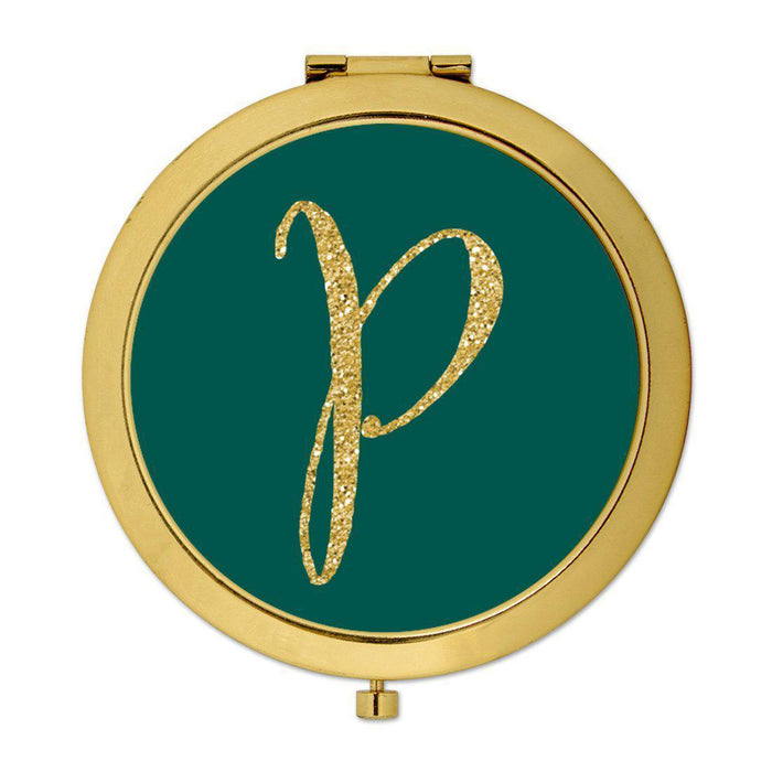 Andaz Press Peacock Blue Jewel Tone with Faux Gold Glitter Monogram Gold 2.75 inch Round Compact Mirror-Set of 1-Andaz Press-P-