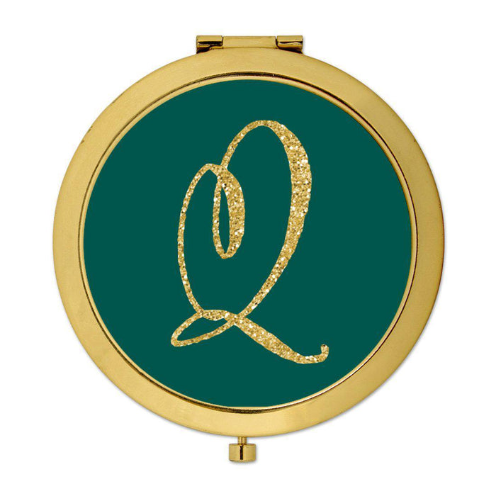 Andaz Press Peacock Blue Jewel Tone with Faux Gold Glitter Monogram Gold 2.75 inch Round Compact Mirror-Set of 1-Andaz Press-Q-