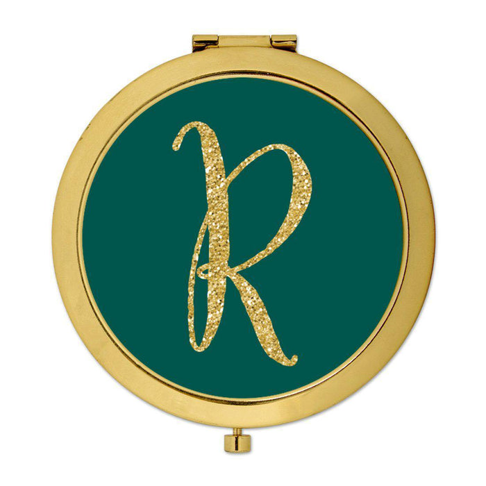 Andaz Press Peacock Blue Jewel Tone with Faux Gold Glitter Monogram Gold 2.75 inch Round Compact Mirror-Set of 1-Andaz Press-R-