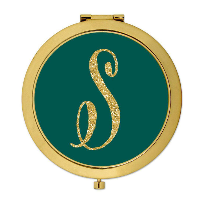 Andaz Press Peacock Blue Jewel Tone with Faux Gold Glitter Monogram Gold 2.75 inch Round Compact Mirror-Set of 1-Andaz Press-S-