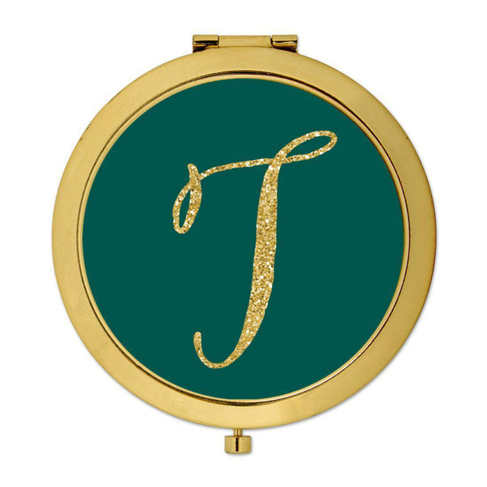 Andaz Press Peacock Blue Jewel Tone with Faux Gold Glitter Monogram Gold 2.75 inch Round Compact Mirror-Set of 1-Andaz Press-T-