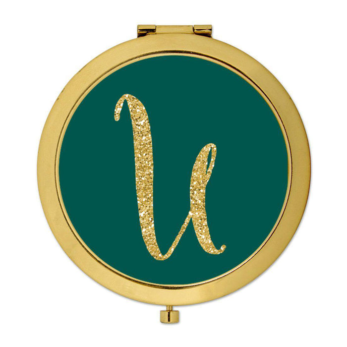 Andaz Press Peacock Blue Jewel Tone with Faux Gold Glitter Monogram Gold 2.75 inch Round Compact Mirror-Set of 1-Andaz Press-U-