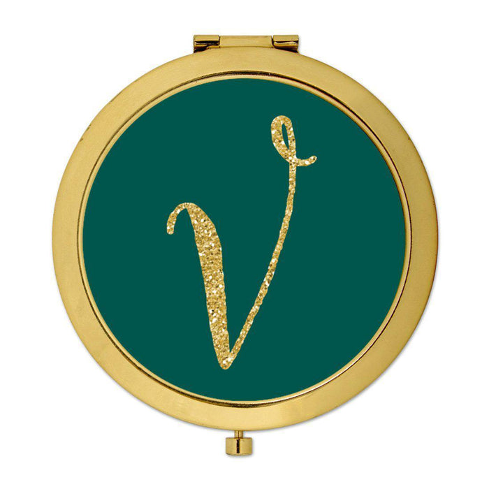 Andaz Press Peacock Blue Jewel Tone with Faux Gold Glitter Monogram Gold 2.75 inch Round Compact Mirror-Set of 1-Andaz Press-V-
