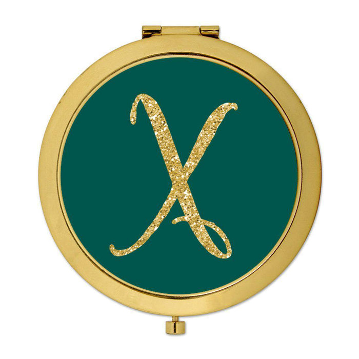 Andaz Press Peacock Blue Jewel Tone with Faux Gold Glitter Monogram Gold 2.75 inch Round Compact Mirror-Set of 1-Andaz Press-X-