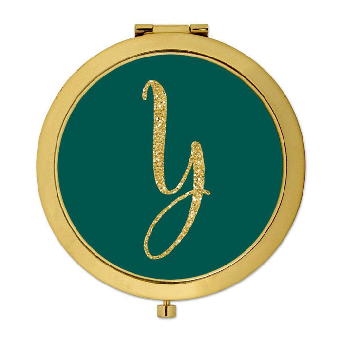 Andaz Press Peacock Blue Jewel Tone with Faux Gold Glitter Monogram Gold 2.75 inch Round Compact Mirror-Set of 1-Andaz Press-Y-