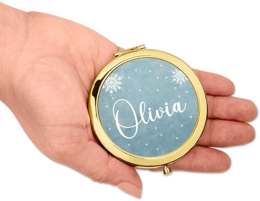 Andaz Press Personalized Blue Winter Snowflakes Monogram Gold Compact Mirror-Set of 1-Andaz Press-Custom Name-