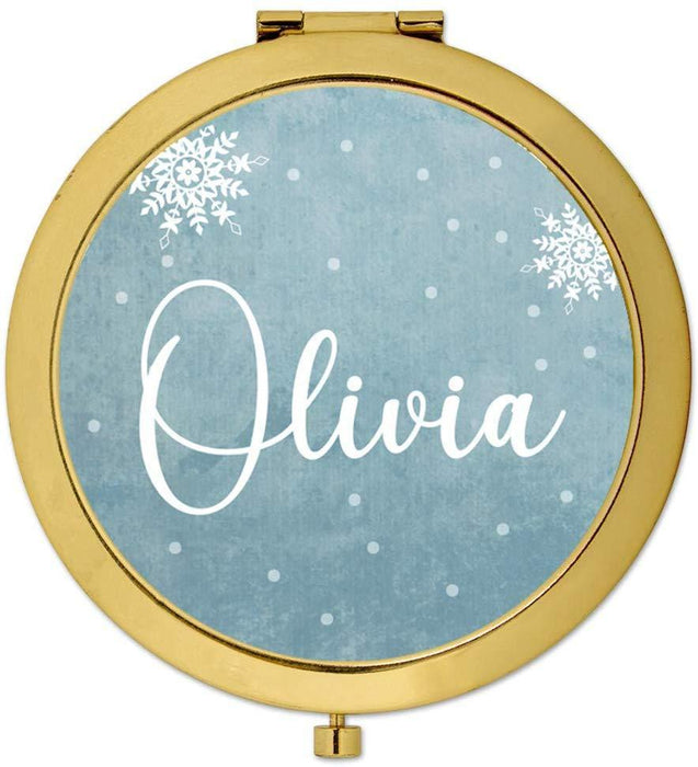 Andaz Press Personalized Blue Winter Snowflakes Monogram Gold Compact Mirror-Set of 1-Andaz Press-Custom Name-