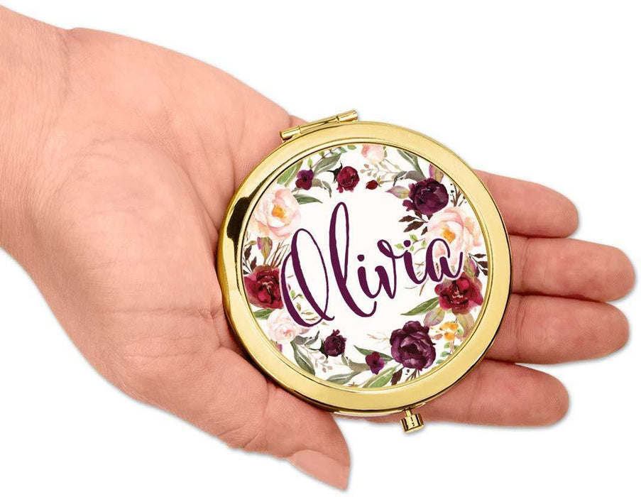 Andaz Press Personalized Marsala Burgundy Maroon Flowers on White Monogram Gold Compact Mirror-Set of 1-Andaz Press-Custom Name-